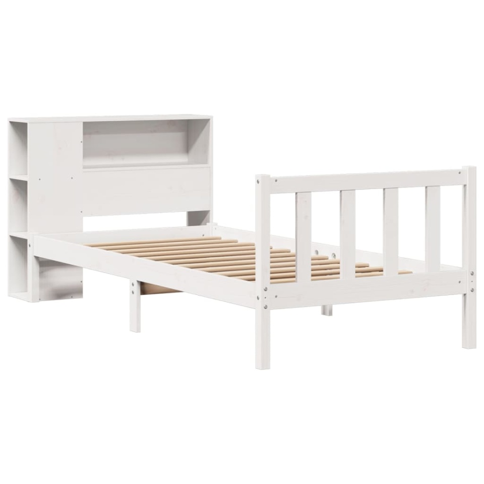 Pat cu bibliotecă fără saltea, alb, 75x190 cm, lemn masiv pin - 2 | YEO
