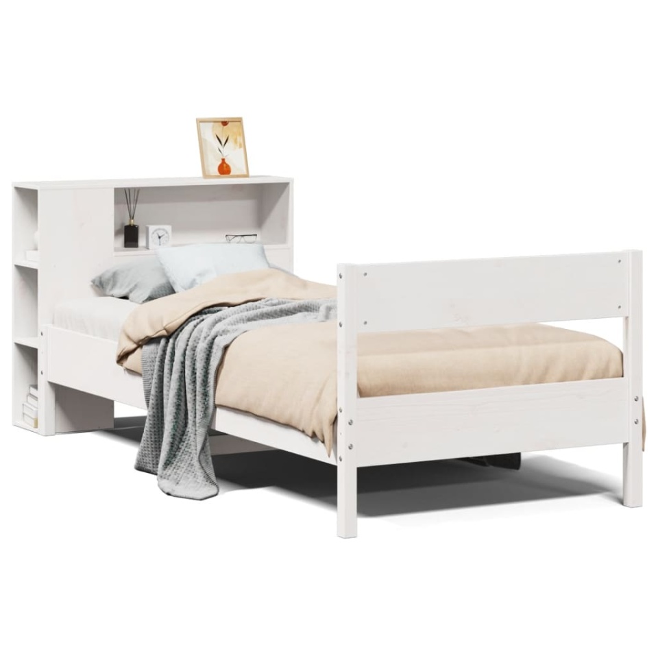 Pat cu bibliotecă fără saltea, alb, 90x190 cm, lemn masiv pin - 1 | YEO