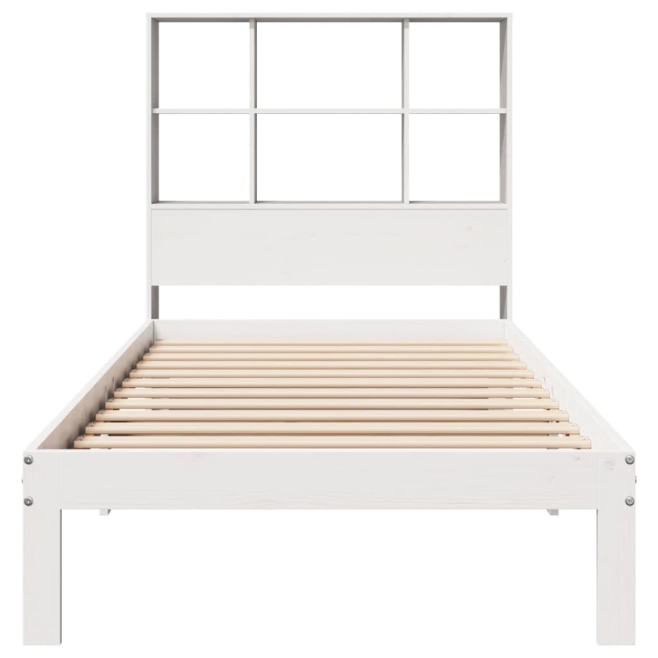 Pat cu bibliotecă fără saltea, alb, 90x200 cm, lemn masiv pin - 3 | YEO
