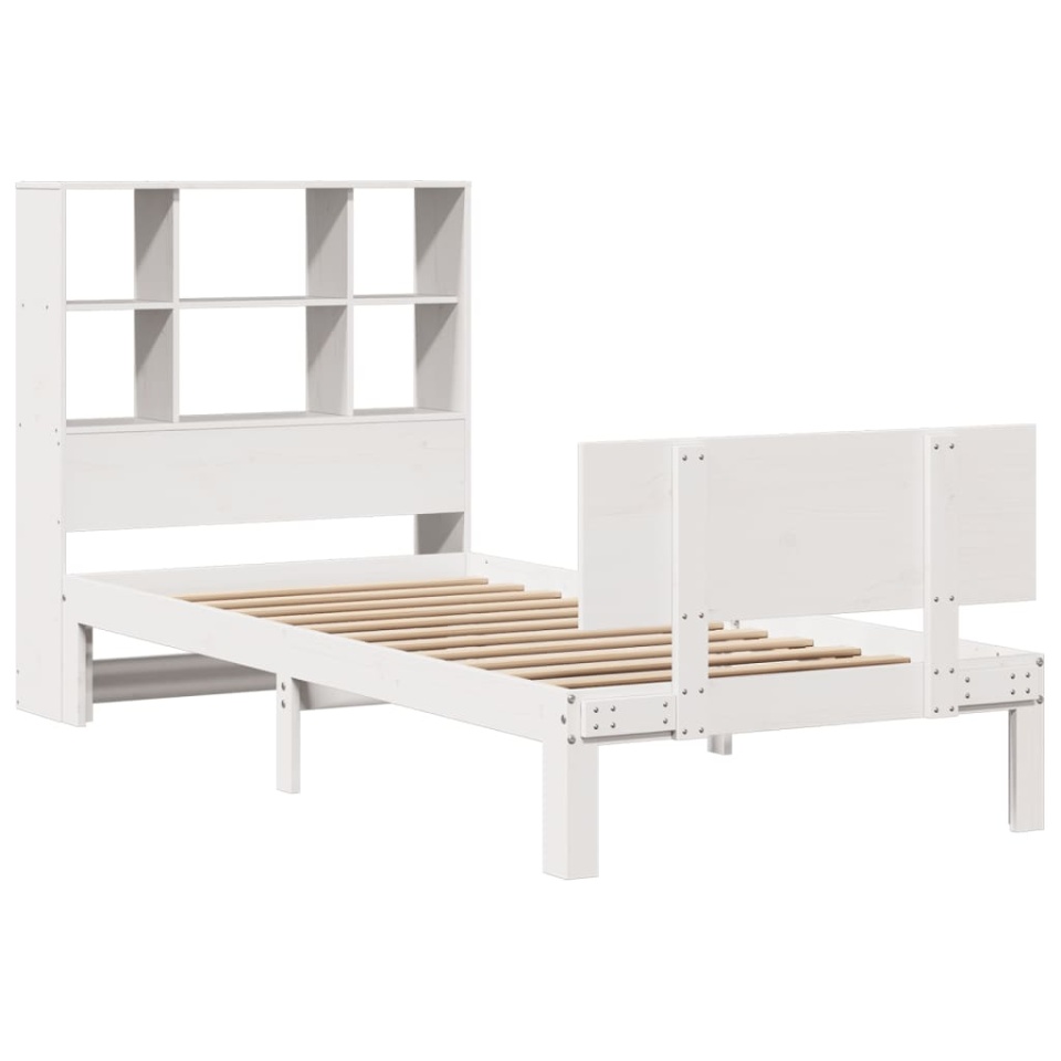 Pat cu bibliotecă fără saltea, alb, 90x200 cm, lemn masiv pin - 2 | YEO