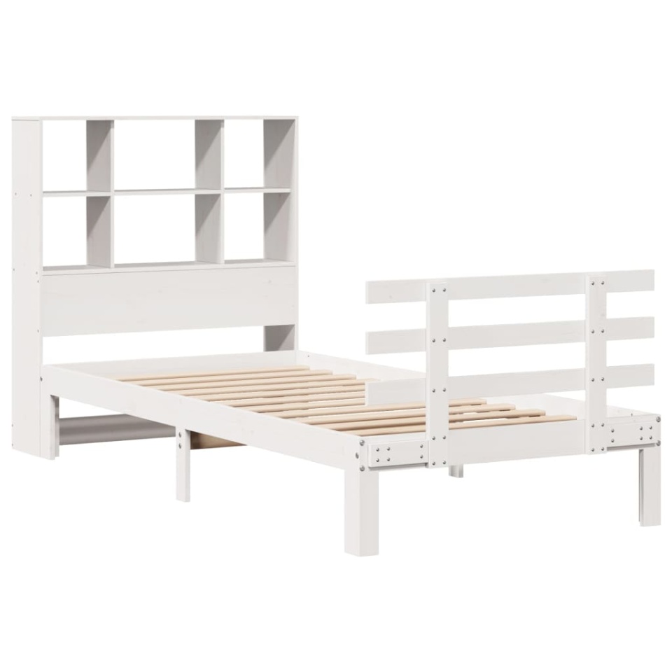 Pat cu bibliotecă fără saltea, alb, 90x200 cm, lemn masiv pin - 2 | YEO