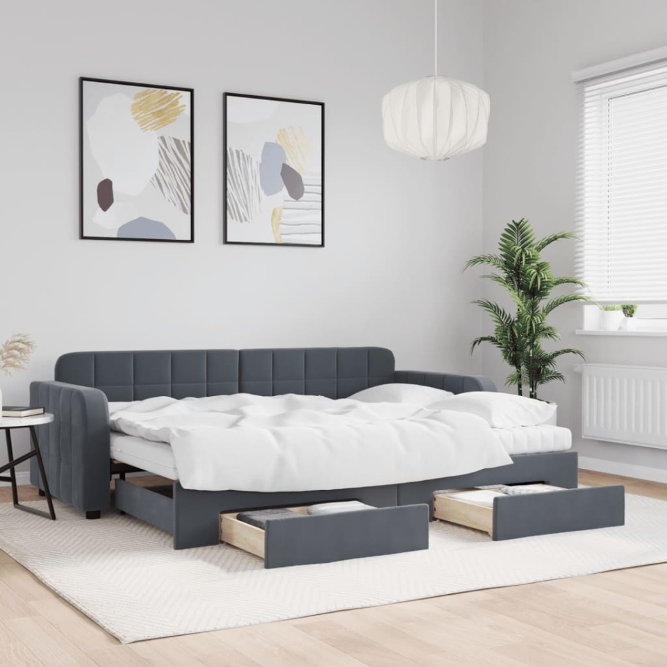 Pat de zi cu extensie și sertare gri închis 80x200 cm catifea