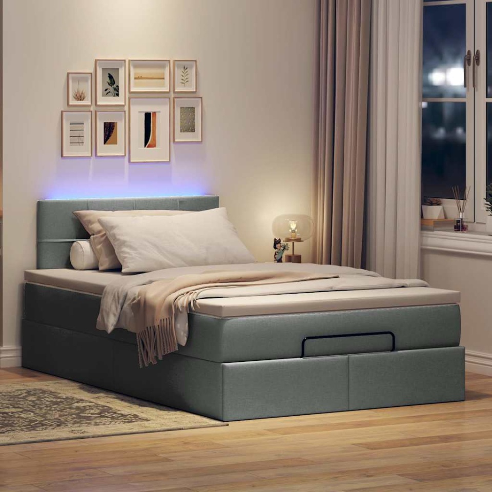 Pat otoman cu saltea și LED-uri, gri închis, 120x200 cm, textil - 2 | YEO
