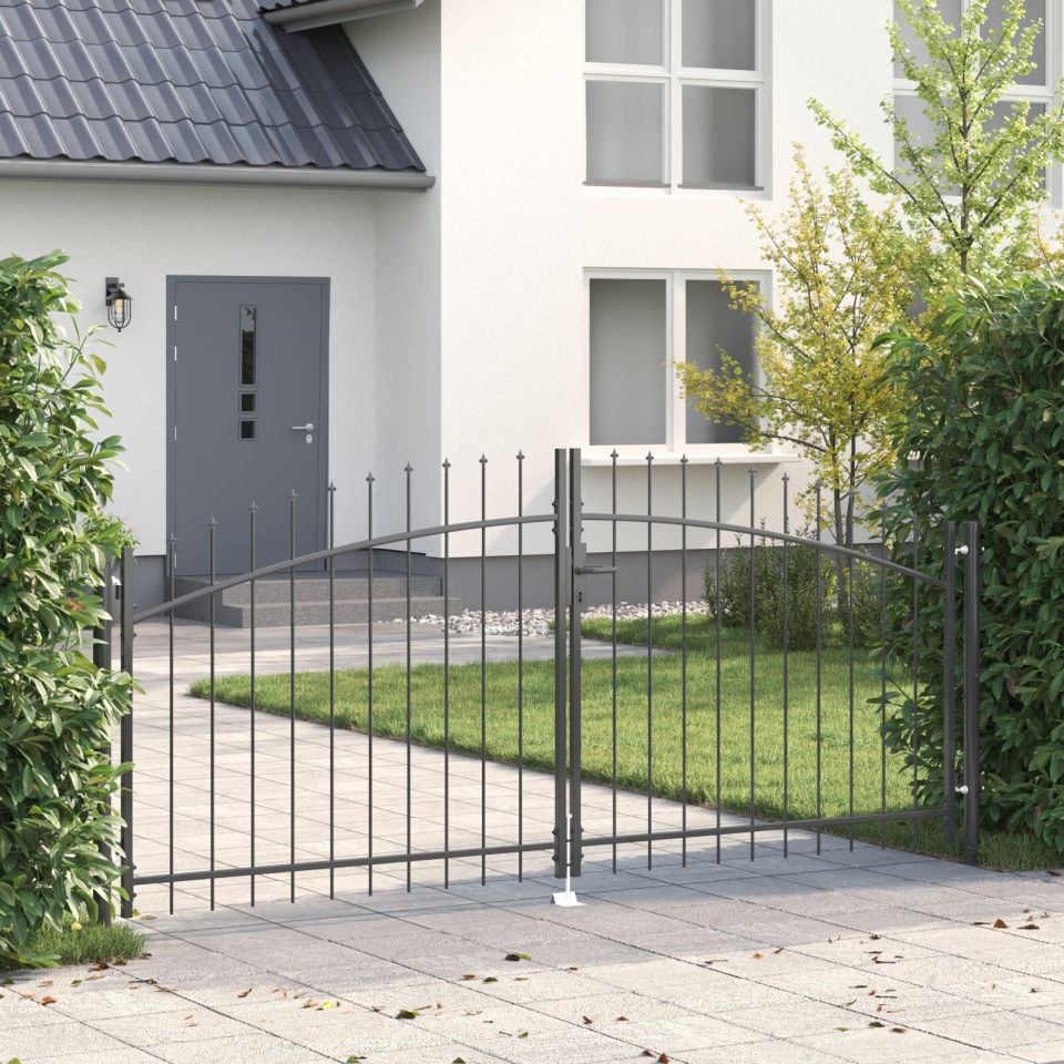 Poartă de Grădină cu Vârf în Formă de Lance Dublă Swing Gri 125x300 cm Oțel