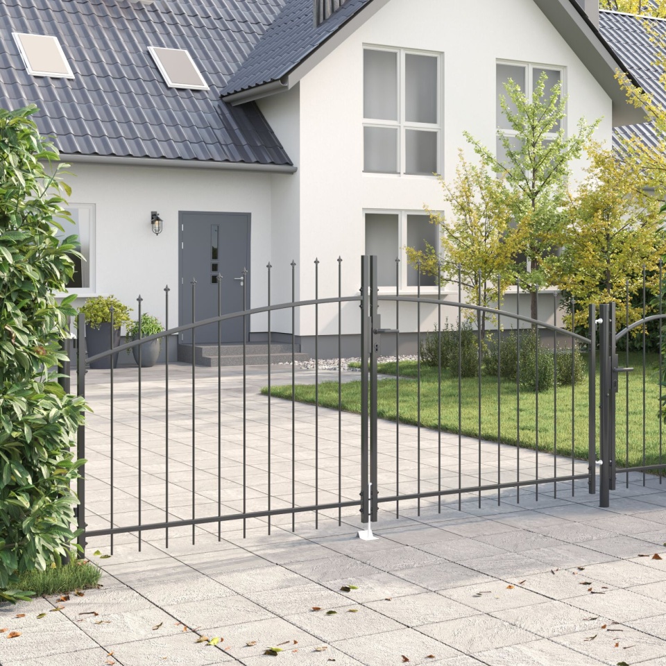 Poartă de Grădină cu Vârf în Formă de Lance Dublă Swing Gri 125x300 cm Oțel - 2 | YEO