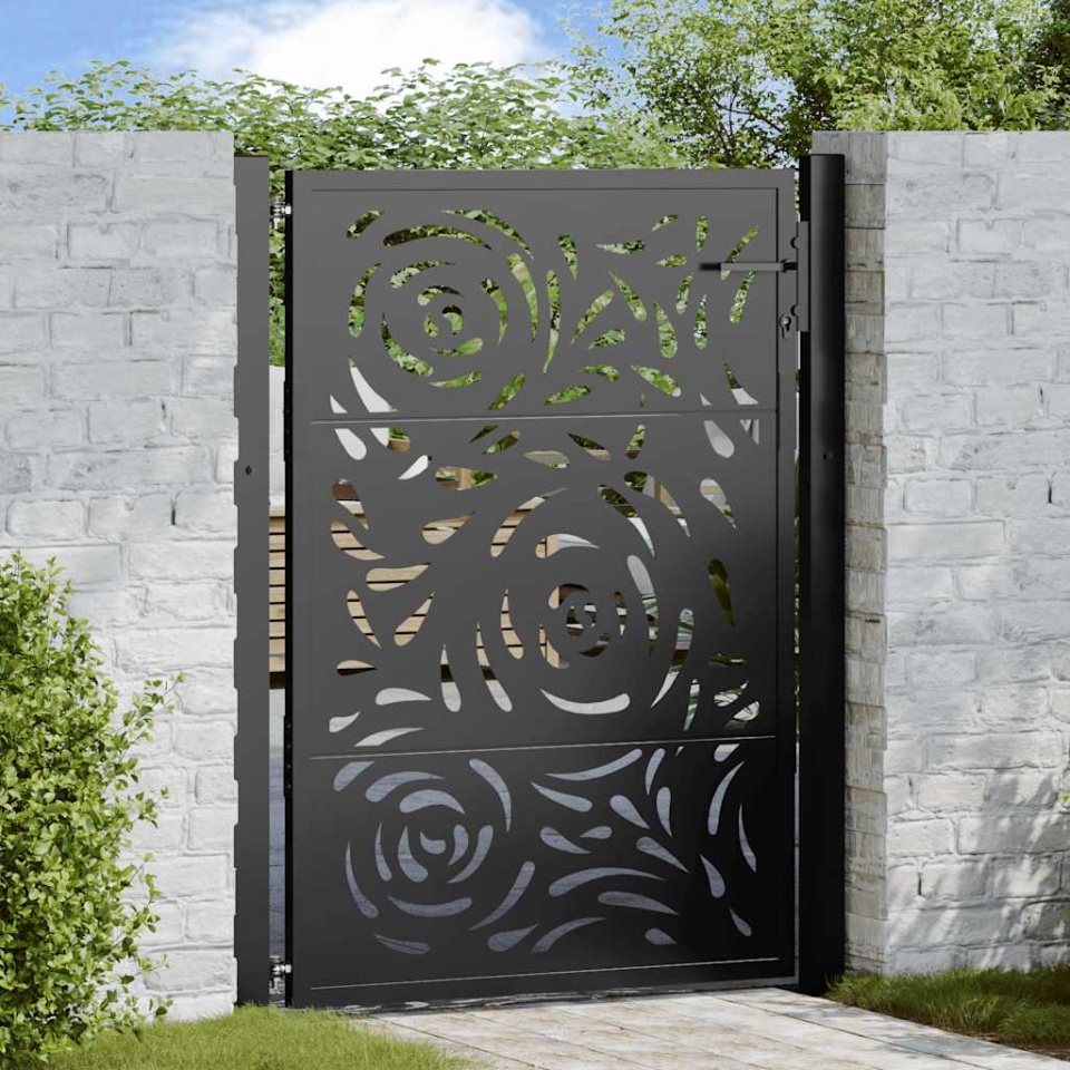 Poarta de gradina neagra 105x130 cm design flacara din otel