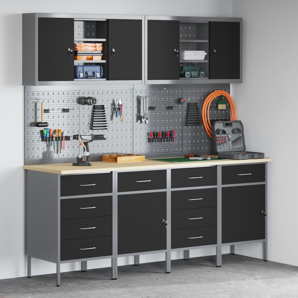 Set birou cu pegboard , 10 piese, MDF și metal negru