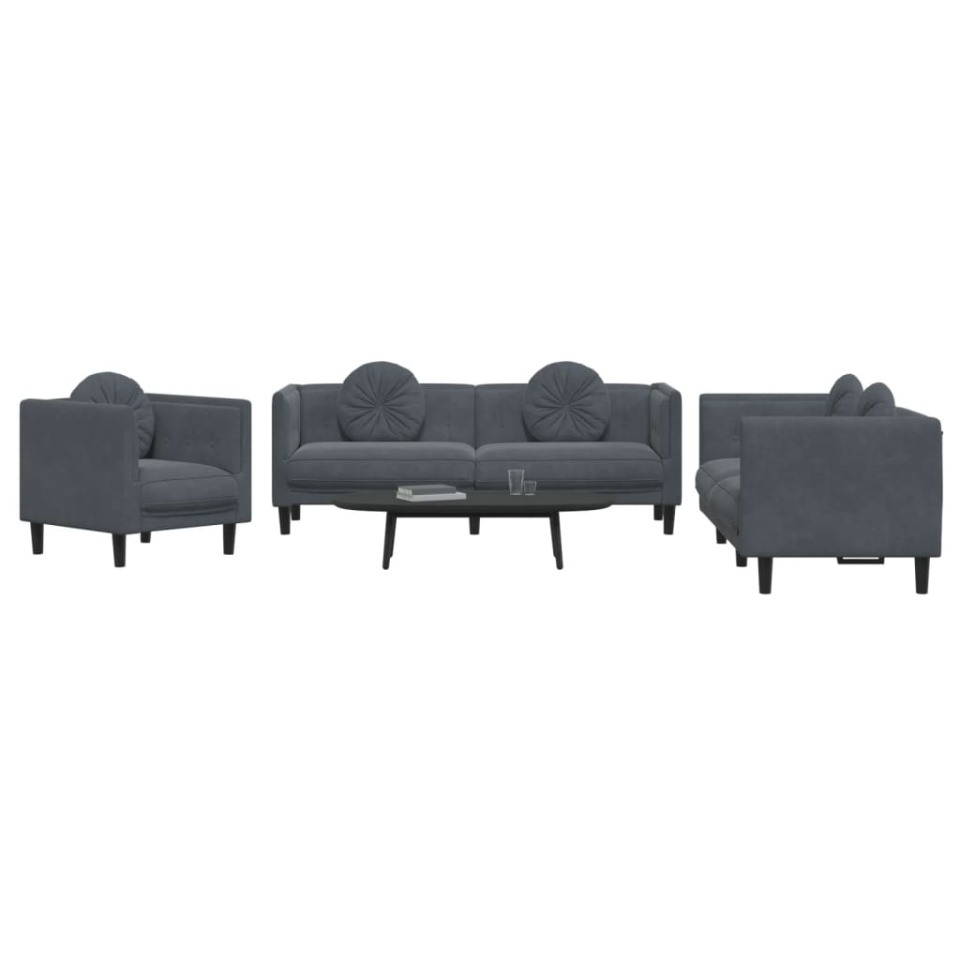 Set canapea cu perne, 3 piese, gri închis, catifea - 2 | YEO