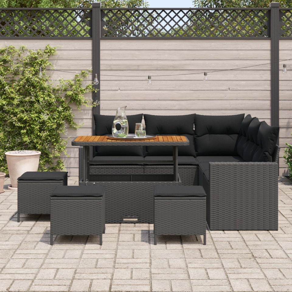 Set canapea de grădină cu perne Negru Ratan Poli Acacia 9 piese, Set dining grădină cu perne Negru Ratan Poli Acacia 4 piese - 2 | YEO