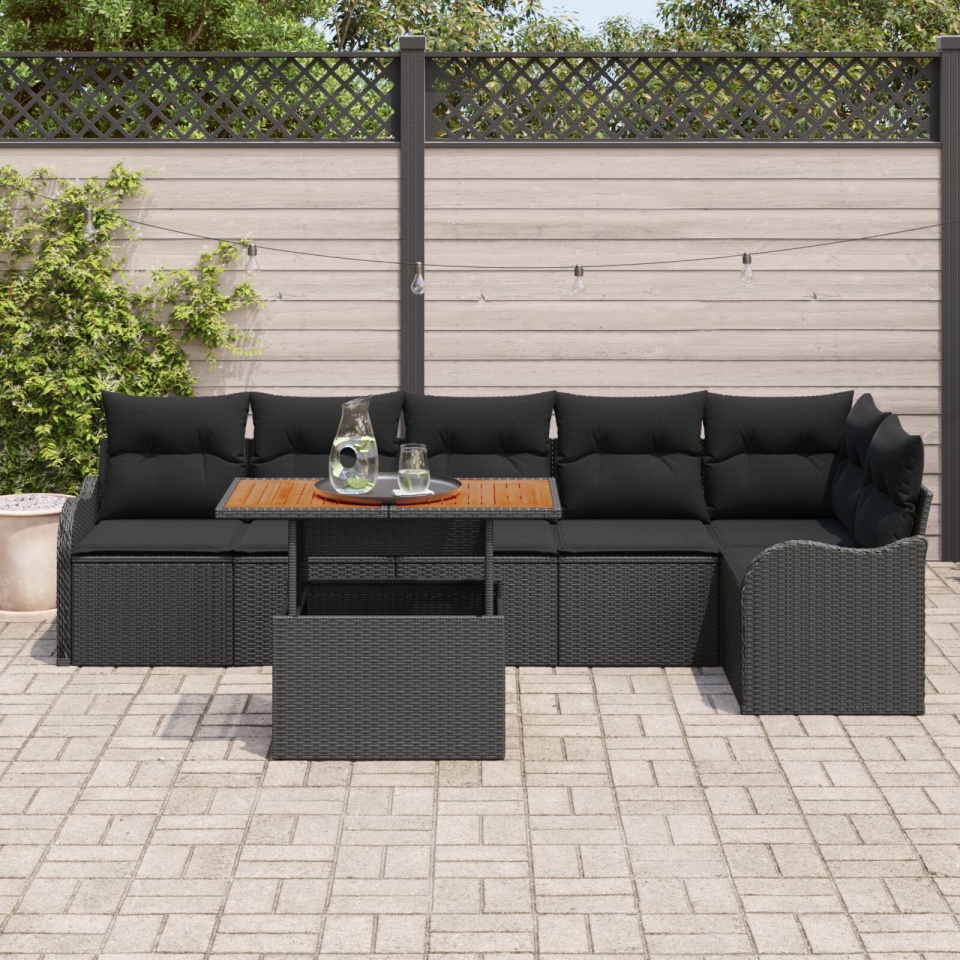 Set canapea grădină 7 piese cu perne Negru Ratan Acacia, Canapea grădină 2 locuri cu perne Negru Ratan - 2 | YEO