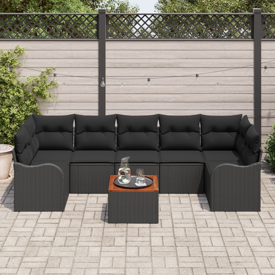 Set Canapea Grădină cu 8 Piese și Pernițe Rattan Poli Negru Acacia, Canapea Grădină cu Depozitare și Pernițe Rattan Poli Negru - 2 | YEO