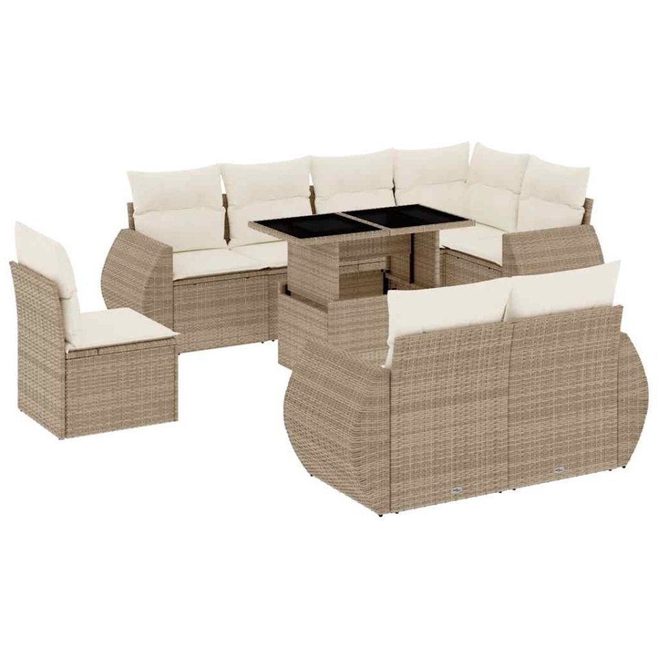 Set canapele de grădină, 9 piese, cu perne, bej, poliratan - 1 | YEO