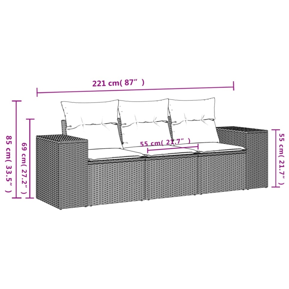 Set canapele de grădină cu perne, 3 piese, maro, poliratan - 2 | YEO