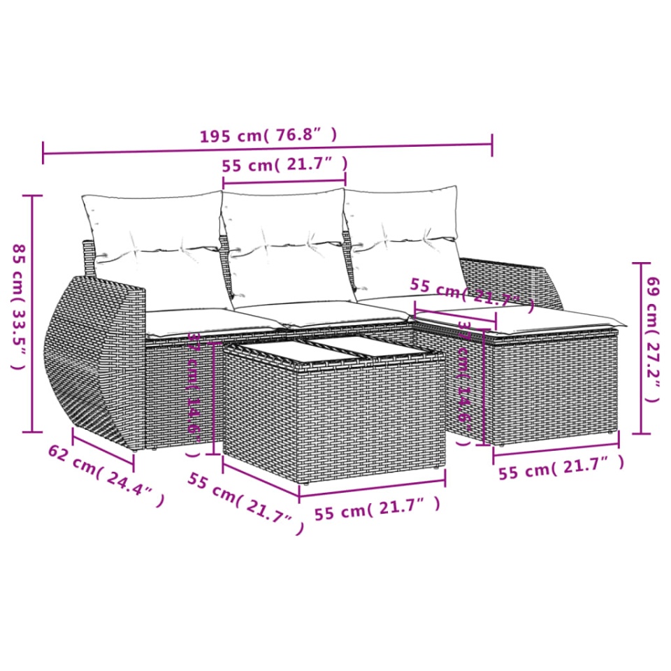 Set canapele de grădină cu perne, 5 piese, maro, poliratan - 2 | YEO