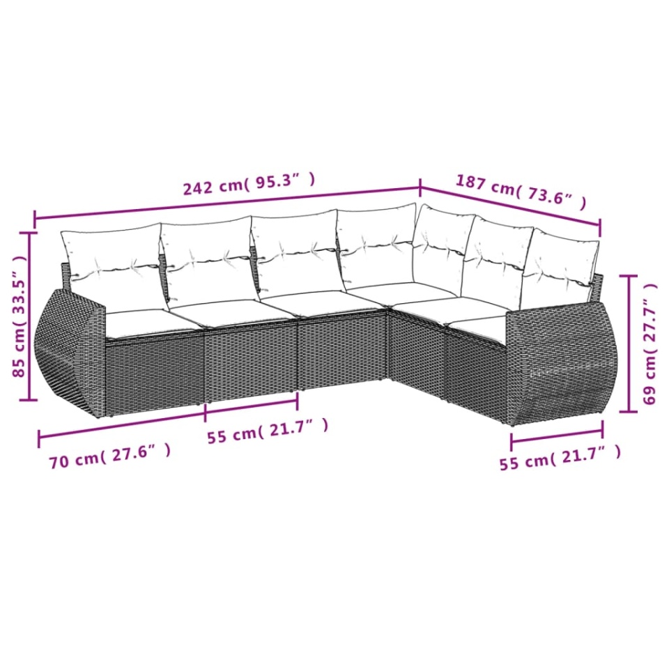 Set canapele de grădină cu perne, 6 piese, maro, poliratan - 2 | YEO