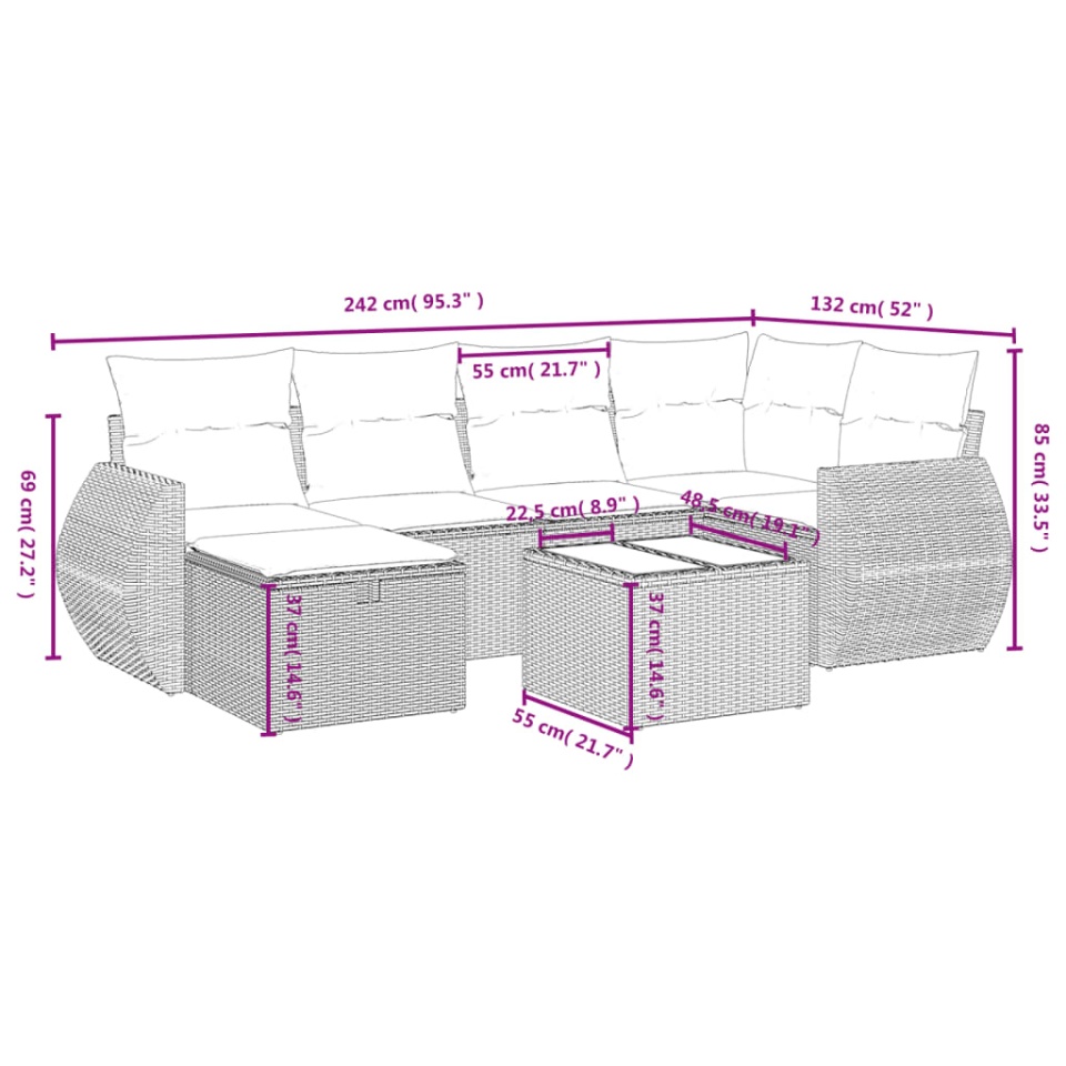 Set canapele de grădină cu perne, 7 piese, maro, poliratan - 3 | YEO