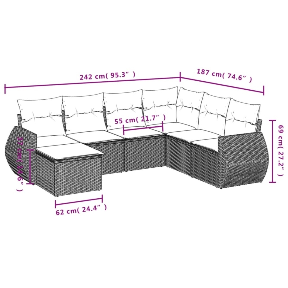 Set canapele de grădină cu perne, 7 piese, maro, poliratan - 2 | YEO