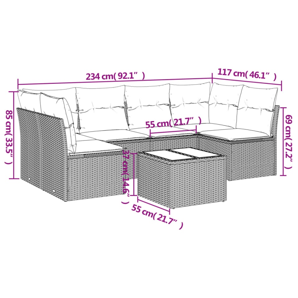 Set canapele de grădină cu perne, 7 piese, negru, poliratan - 2 | YEO