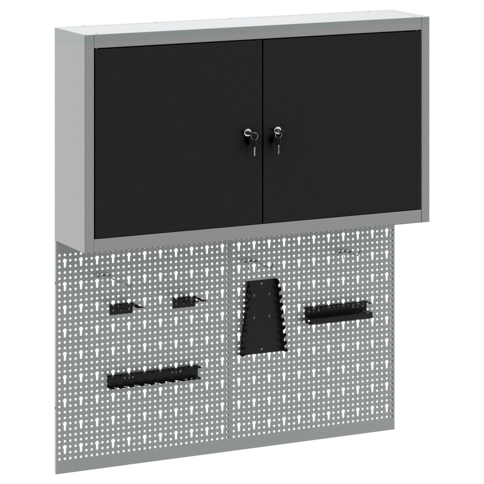 Set de cabinet pentru unelte și panou cu cârlige 3 piese montat pe perete din metal negru - 1 | YEO