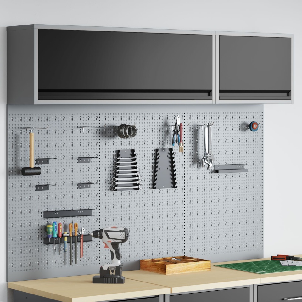Set de Cabinet pentru Unelte și Panou cu Cuie 5 Piese Montat pe Perete Metal Negru