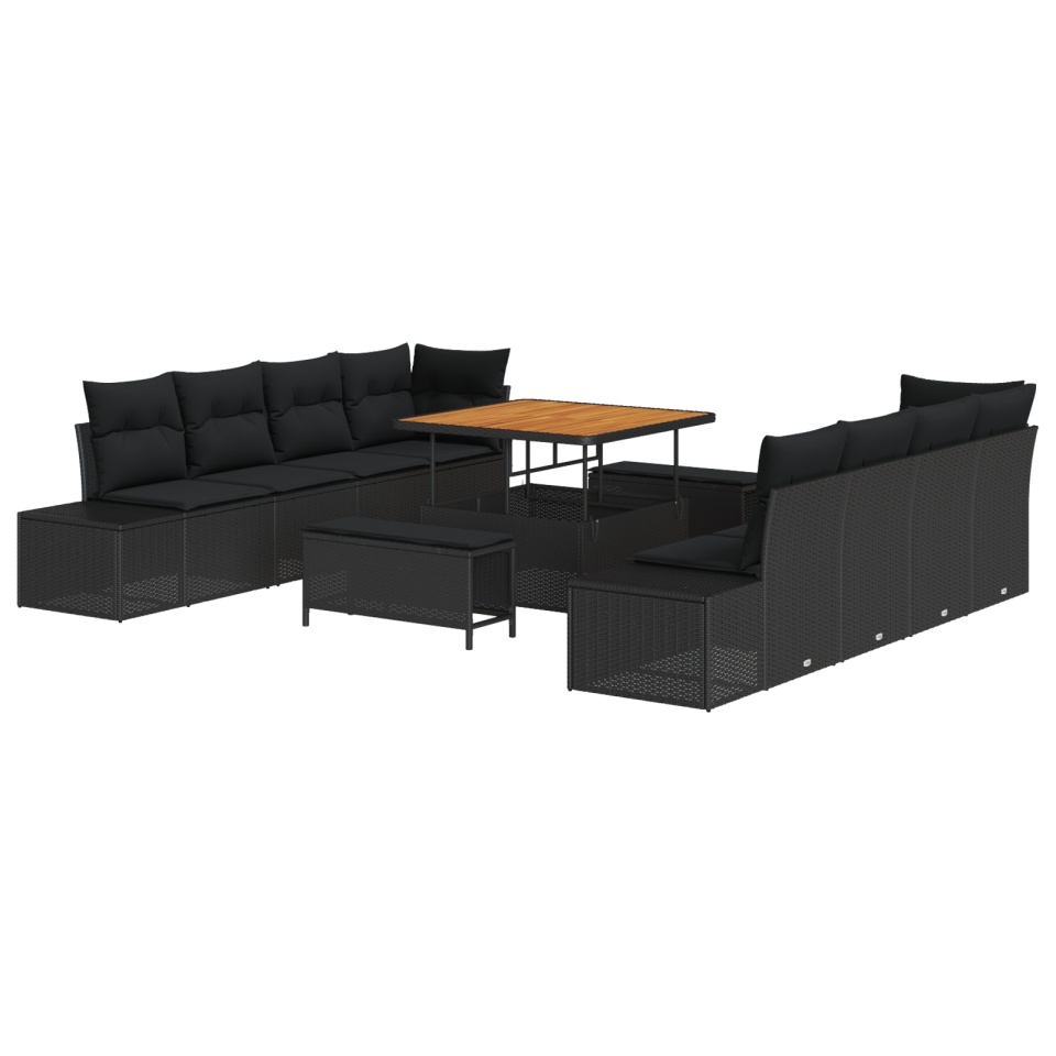 Set de canapea de grădină cu 11 piese și perne Negru Rattan sintetic Acacia, Canapea de grădină cu 2 locuri cu depozitare și perne Negru Rattan sintetic, Set de dining de grădină cu 3 piese și perne Negru Rattan sintetic Acacia - 1 | YEO