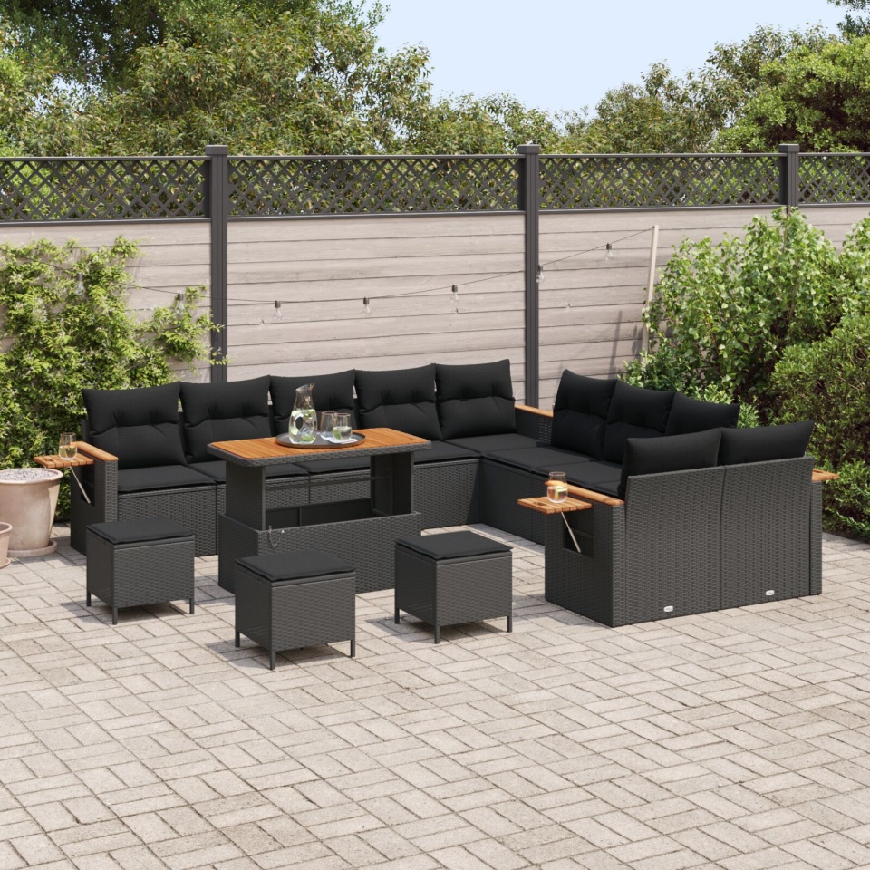 Set de canapea de grădină cu 13 piese cu perne Negru Ratan Poli Acacia, Set de dining de grădină cu 3 piese cu perne Negru Ratan Poli Acacia - 2 | YEO