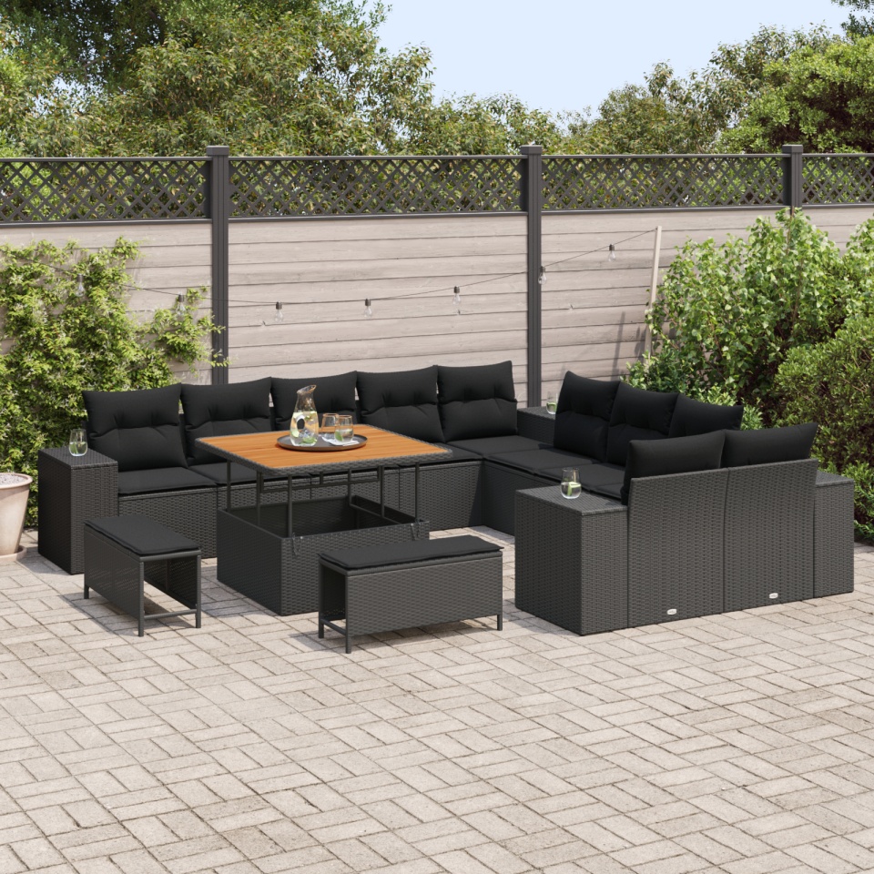 Set de canapea de grădină cu 13 piese și perne negre din ratan poliester, Set de dining pentru grădină cu 3 piese și perne negre din ratan poliester - 2 | YEO