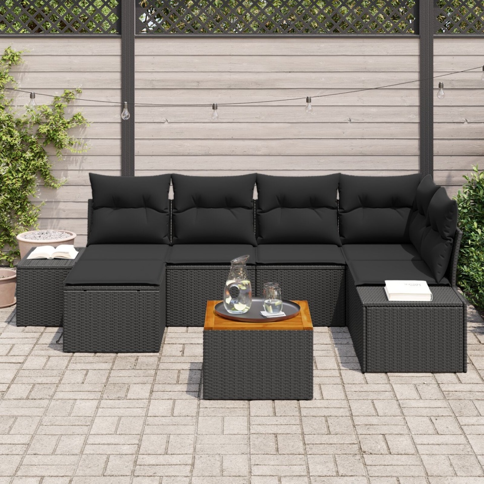 Set de Canapea de Grădină cu Perne Negru Poliratan Acacia - 2 | YEO