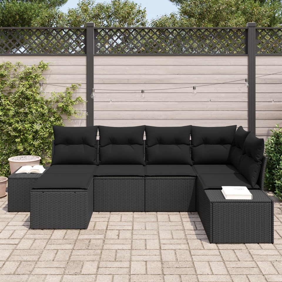 Set de Canapea de Grădină Set de 6 Negru Poliratan, Poliester - 2 | YEO