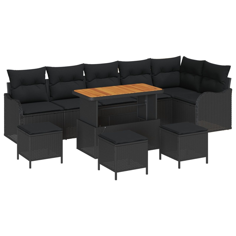 Set de Canapea pentru Grădină 10 Piese cu Perne Ratan Poli Negru Acacia, Canapea Grădină 2 Locuri cu Perne Ratan Poli Negru, Set de Dining pentru Grădină 4 Piese cu Perne Ratan Poli Negru Acacia - 1 | YEO
