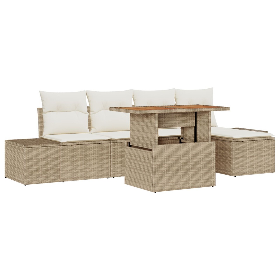 Set de Canapea pentru Grădină cu 6 Piese și Perne Bej din Ratan Poly Acacia - 1 | YEO