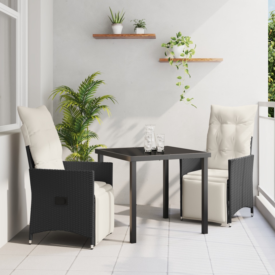 Set de dining pentru grădină 3 piese cu perne Negru Poliratan