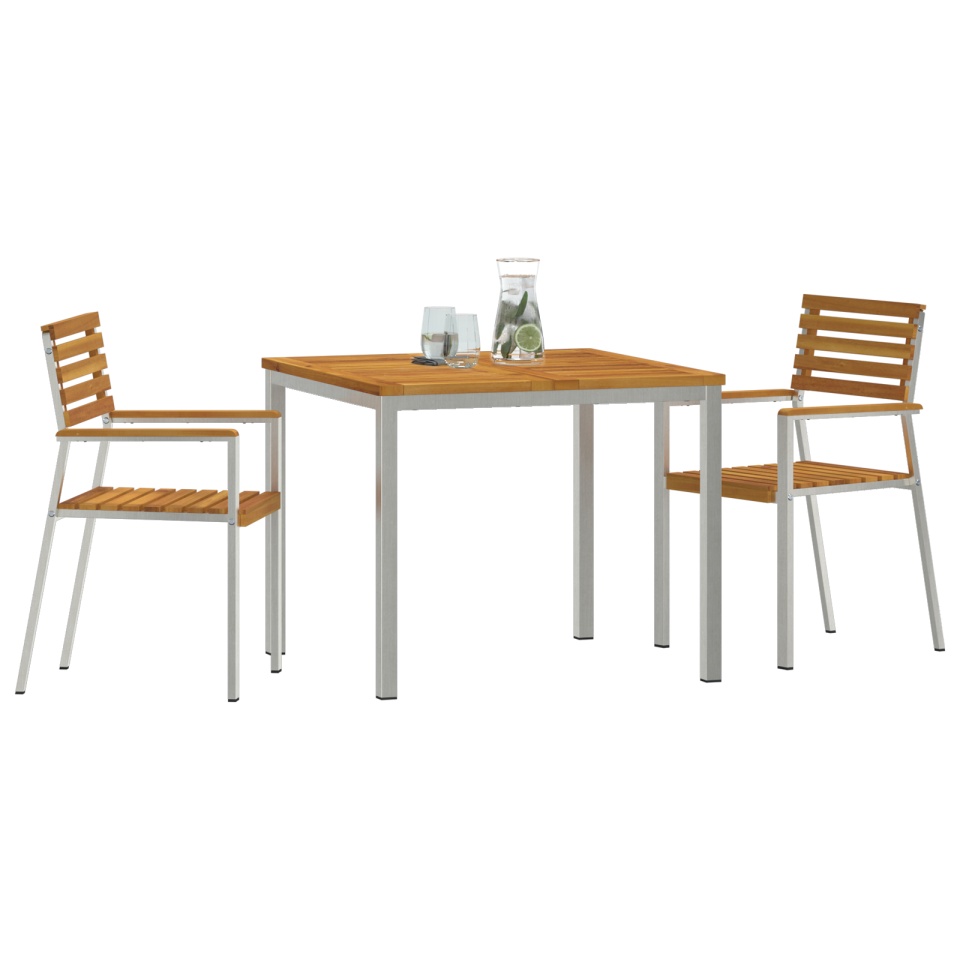 Set de dining pentru grădină de 3 piese din lemn solid de acacia, Masă de dining pentru exterior 90x90x74.5 cm din lemn solid de acacia, Scaune de grădină stivuibile 2 bucăți din lemn solid de acacia și oțel - 2 | YEO