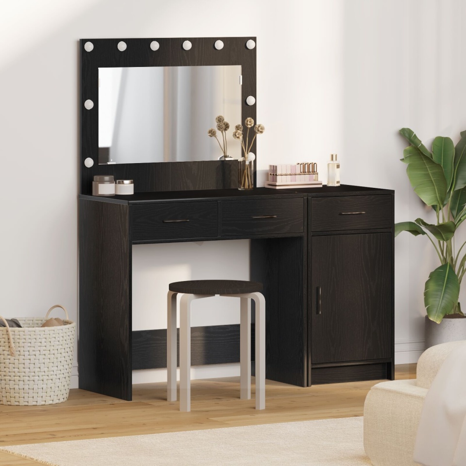 Set de Masă de Toaletă 2 Piese cu LED Negru din Lemn Ingineresc