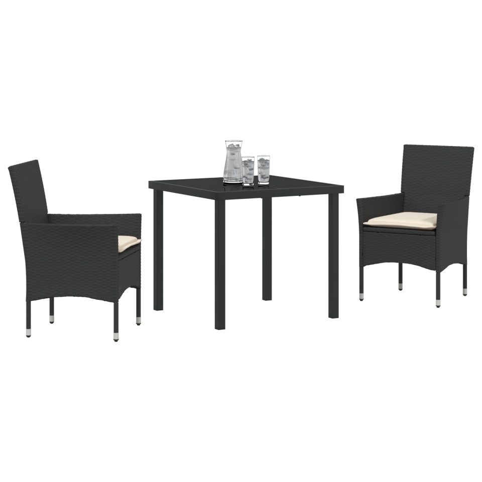 Set de Masă pentru Grădină cu Perne Ratan Sintetic Negru, Masa Neagră 80x80x73 cm cu Sticlă Temperată - 2 | YEO