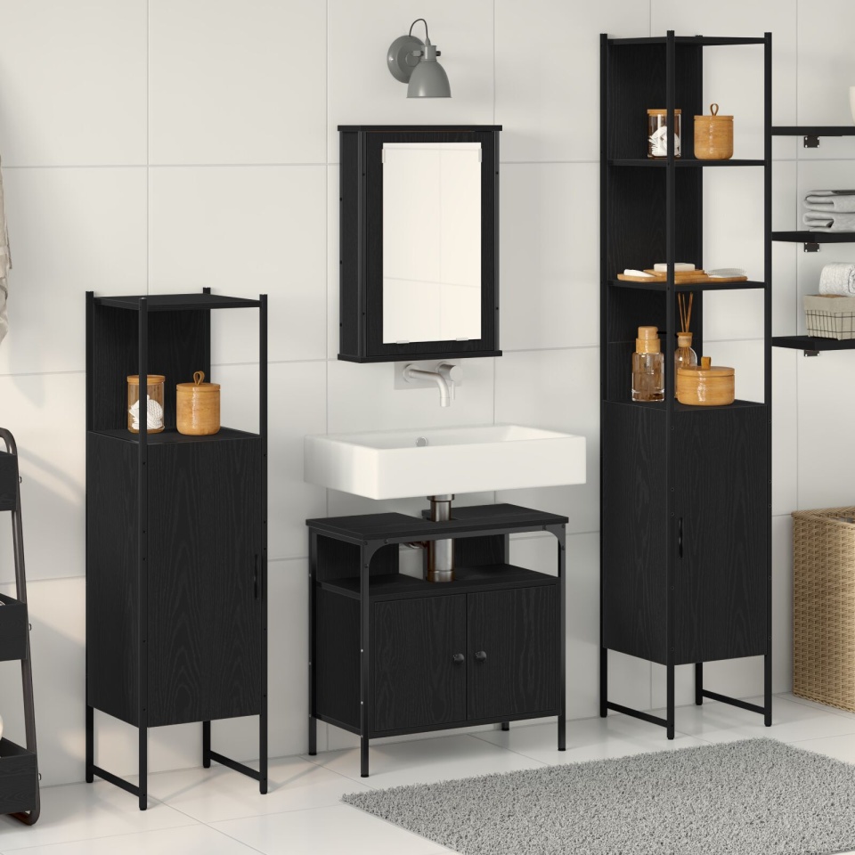 Set de Mobilă pentru Baie 4 Piese Stejar Negru Lemn Laminat