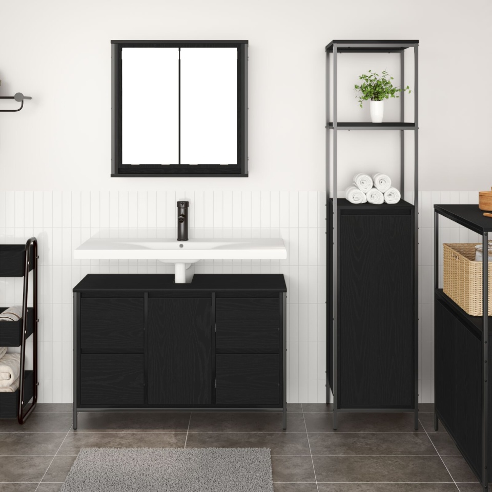 Set de mobilier pentru baie 2 piese din lemn ingineresc, stejar negru