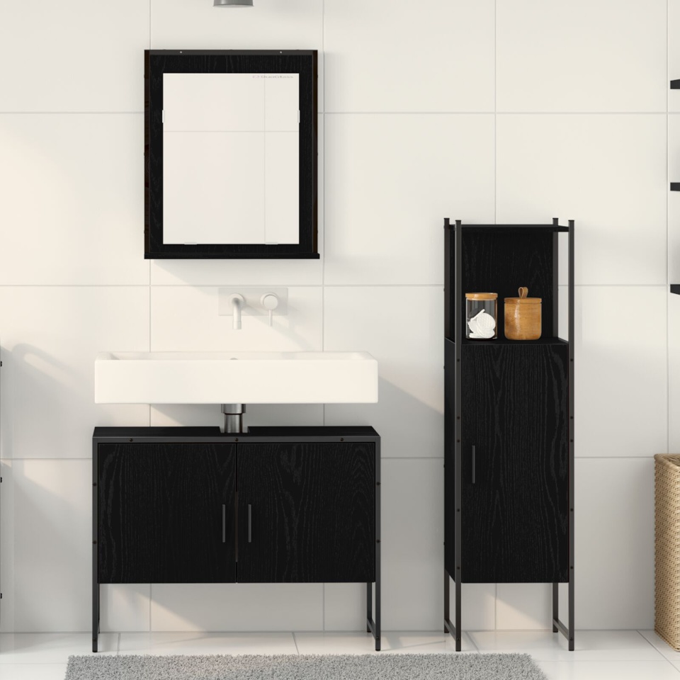 Set de Mobilier pentru Baie 3 Piese Negru Stejar Lemn Prelucrat - 3 | YEO