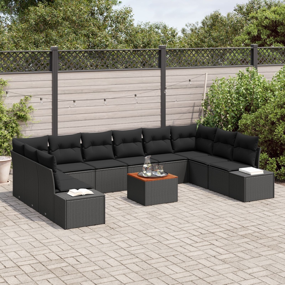 Set de Sofa de 11 Piese pentru Grădină cu Perne Negru Poli Ratan Acacia - 2 | YEO