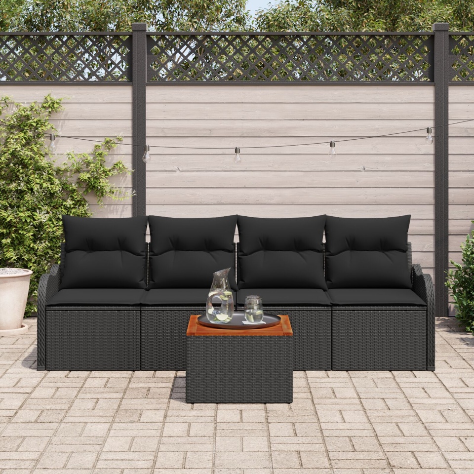 Set de sofa de grădină 5 piese cu perne Negru Poliratan Acacia, Sofa de grădină 2 locuri cu perne Negru Poliratan - 2 | YEO