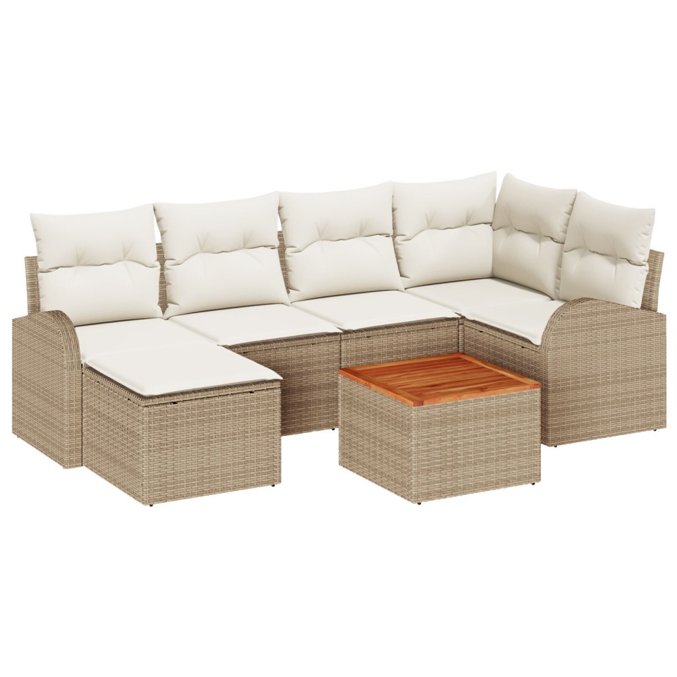 Set de Sofa pentru Grădină cu 7 Piese și Perne Bej Ratan Polimeric Acacia, Sofa de Grădină pentru 2 Persoane cu Spațiu de Depozitare și Perne Bej Ratan Polimeric - 1 | YEO