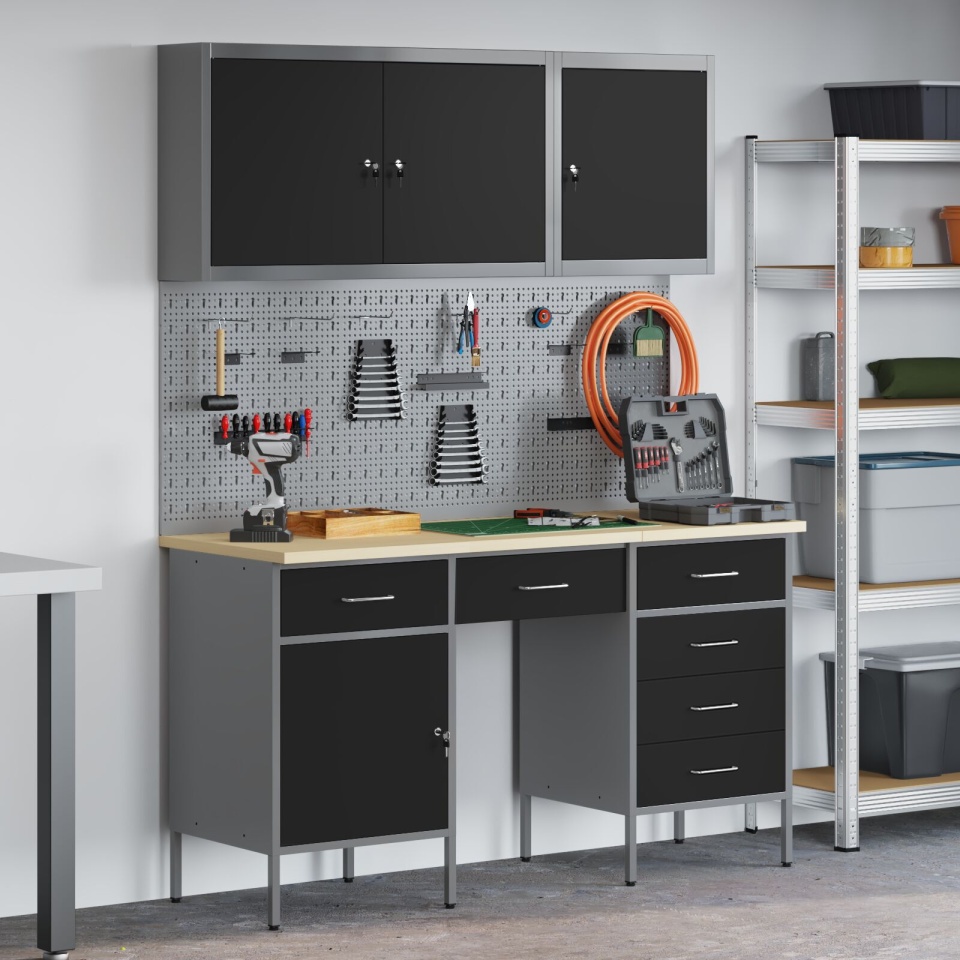 Set dulap lucru & panou cârlige, 8 piese, negru, MDF & metal