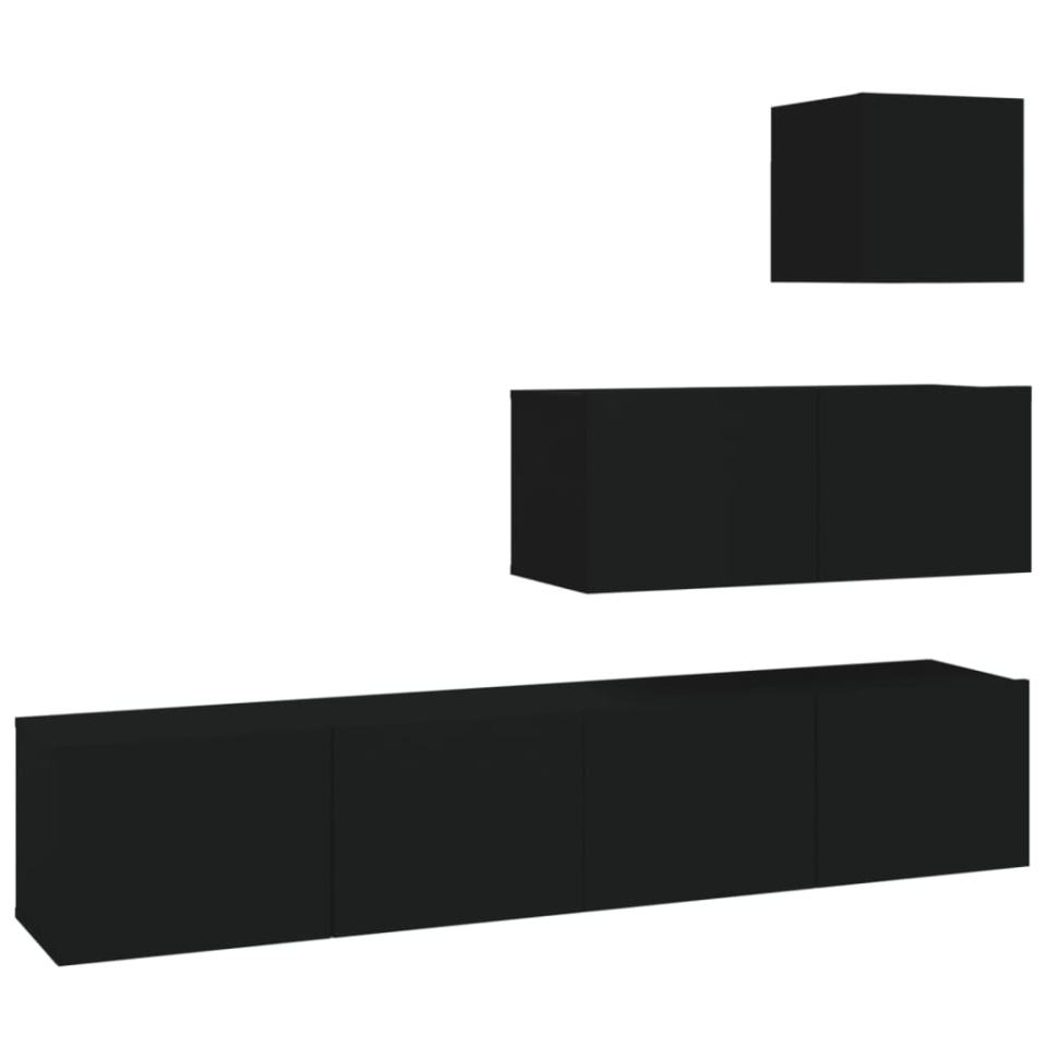 Set dulap TV, 4 piese, negru, lemn prelucrat - 1 | YEO