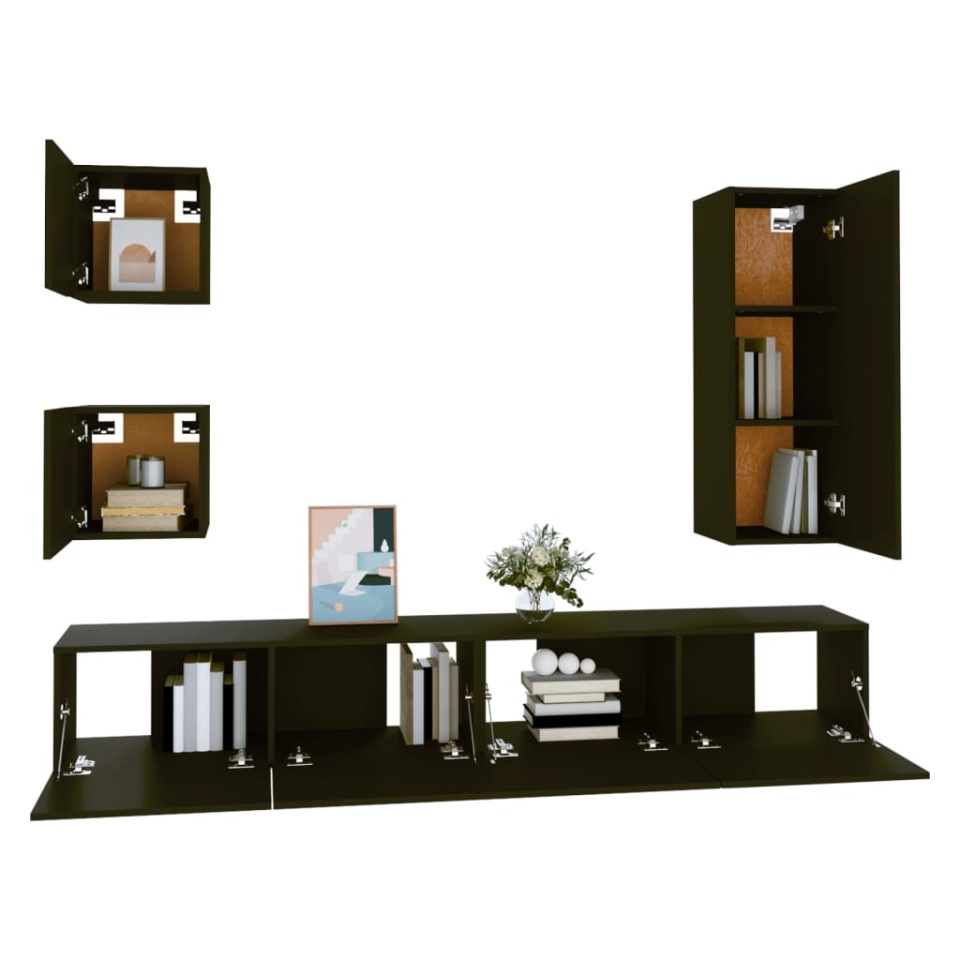 Set dulap TV, 5 piese, negru, lemn prelucrat - 3 | YEO