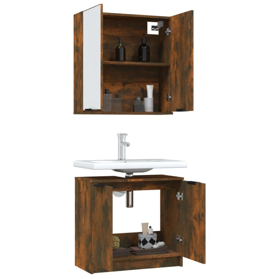 Set dulapuri de baie, 2 piese, stejar afumat, lemn prelucrat - 3 | YEO