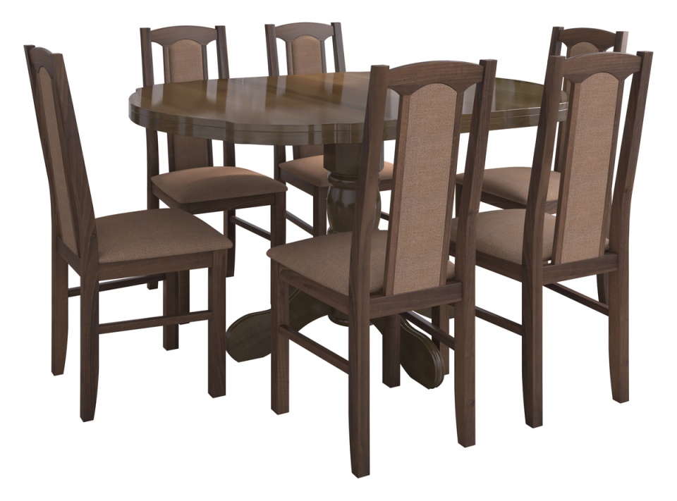 Set masa extensibila Kan 100x135 cm, lemn masiv, culoare nuc, blat din mdf cu 6 scaune tapitate S-37 Boss7 o15, stofa - 1 | YEO