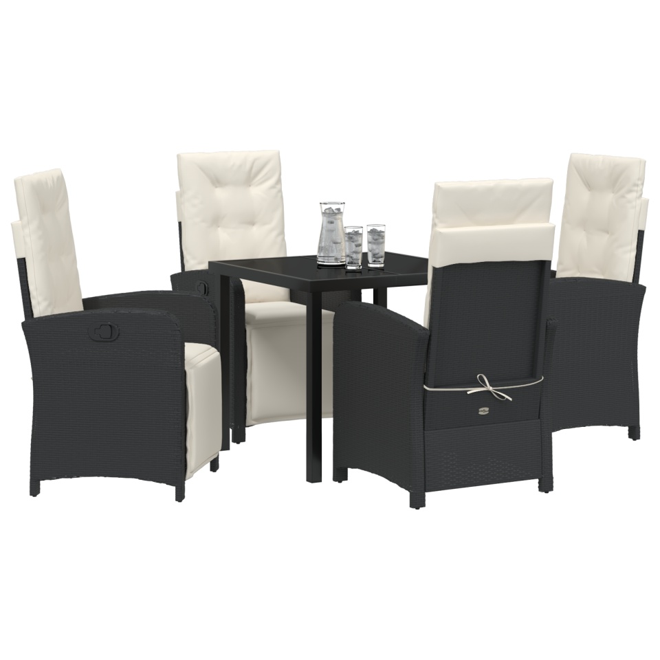 Set Masă Grădină cu 5 Piese și Perne Ratan Poli Negru, Masă Grădină Neagră 80x80x73 cm cu Sticlă Temperată - 2 | YEO