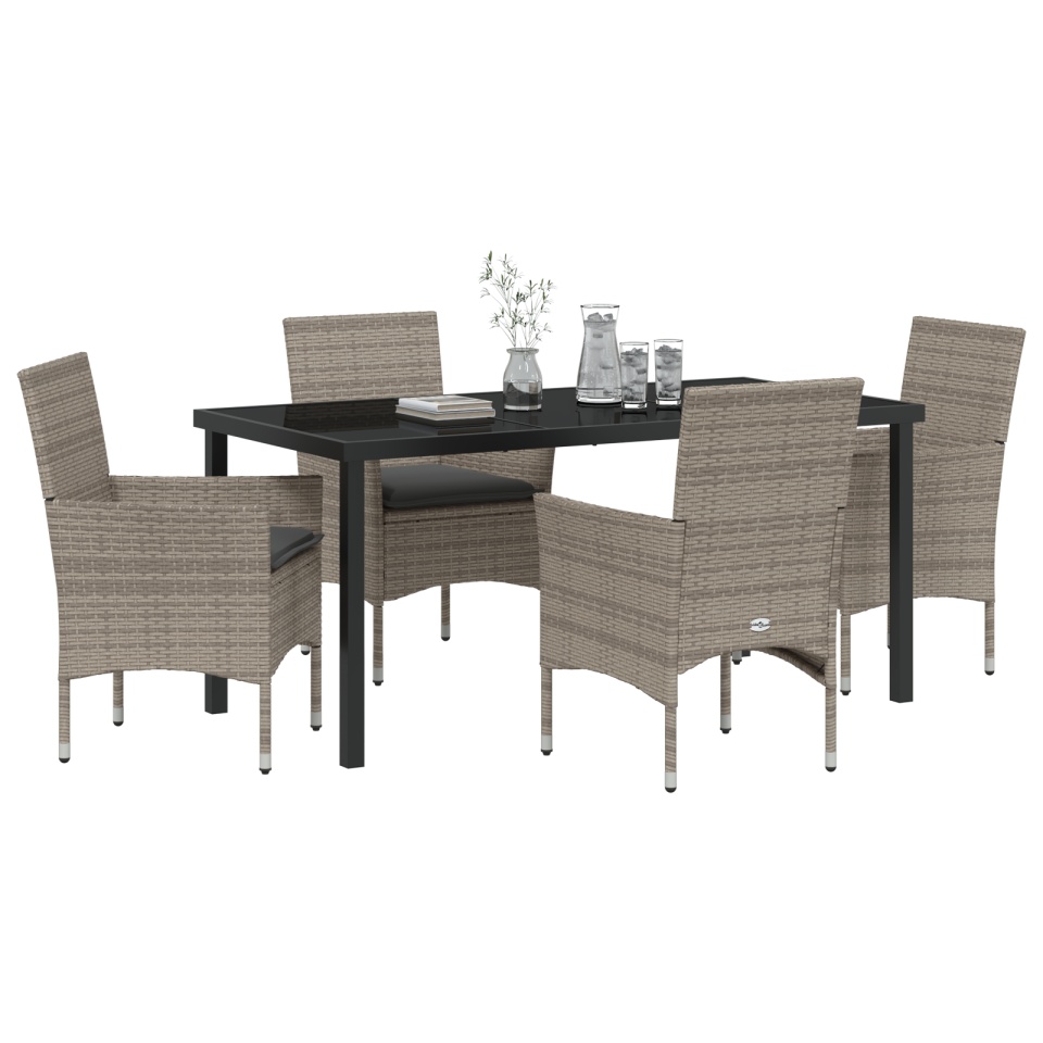 Set mese grădină 5 piese cu perne Ratan gri poli, Masă Black 160x80x73 cm din sticlă securizată - 2 | YEO