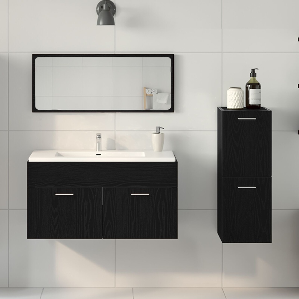 Set Mobilier Baie 3 Piese Negru Stejar Lemn Ingineresc - 3 | YEO