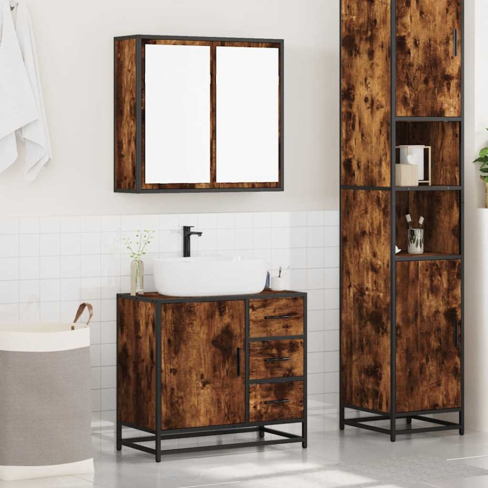 Set mobilier de baie, 2 piese, stejar fumuriu, lemn prelucrat - 2 | YEO